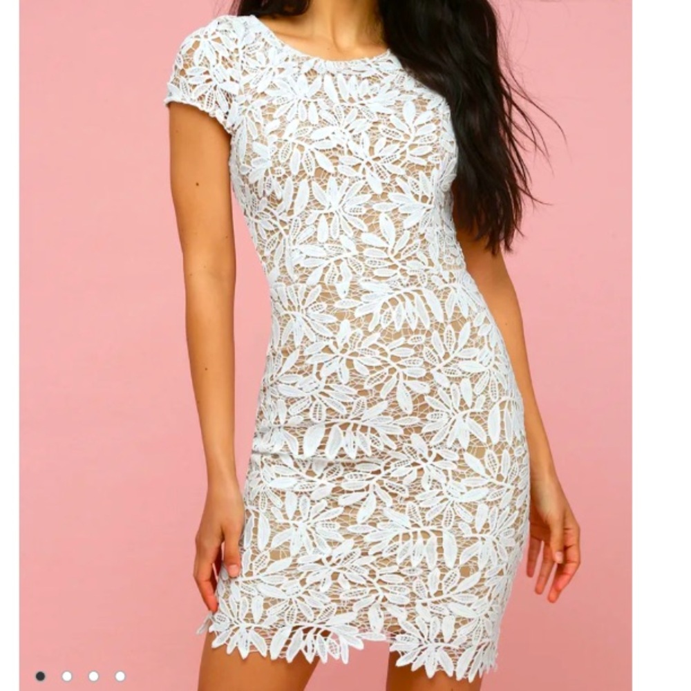 Lulu’s NWT Lace Midi Bodycon Dress Wedding/Rehersal Size Medium White & Nude